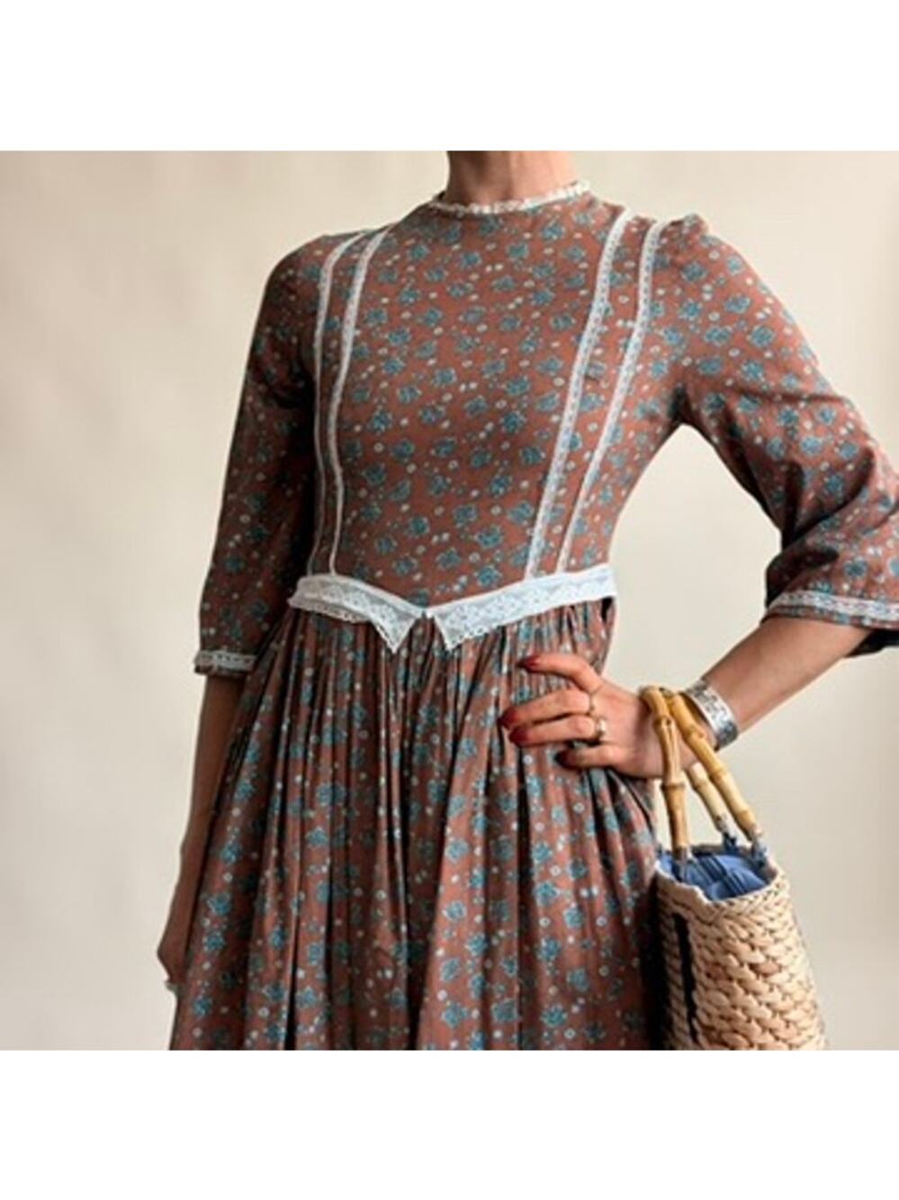 1970s Homemade Prairie Dress - Brown Calico Floral, Lace Trim, Fits XS/S